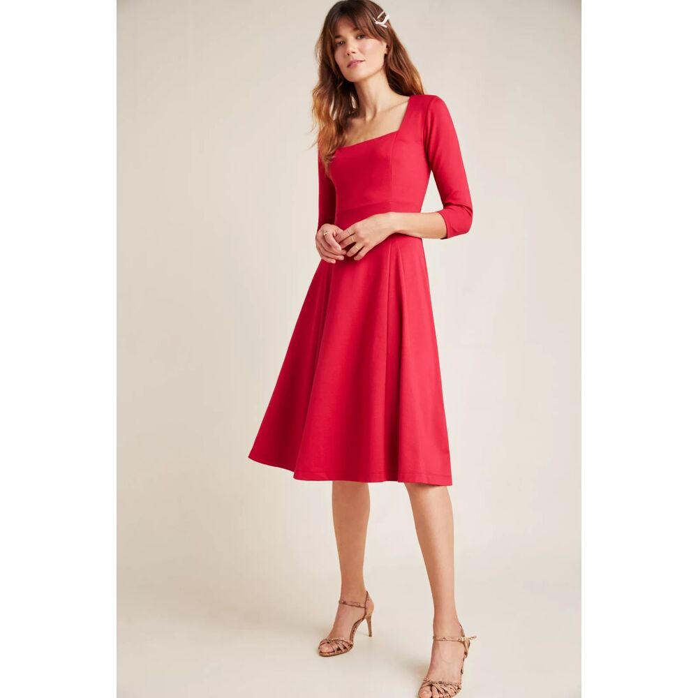 Anthropologie Maeve Jocelyn Midi Dress Red Fit & Flare Square Neck Petite Medium